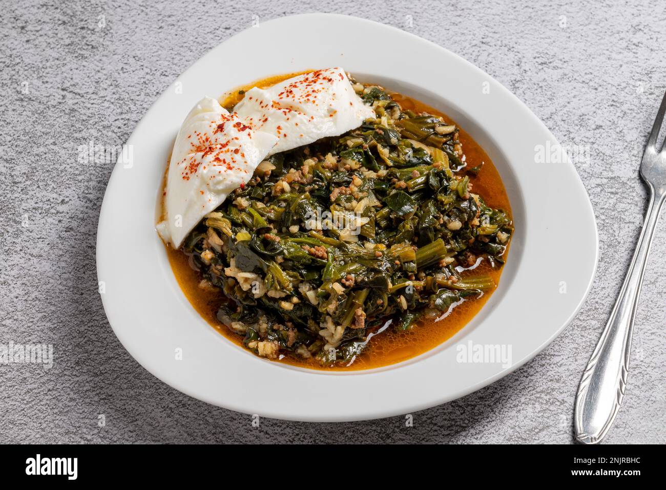 Repas traditionnel aux épinards turcs avec riz et viande hachée et yaourt sur une assiette en porcelaine blanche Banque D'Images