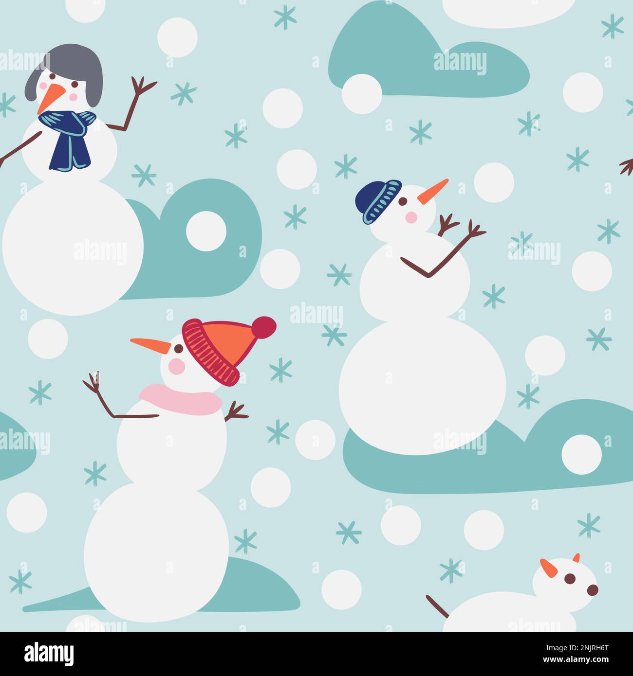 Motif sans couture dessiné à la main avec des bonhommes de neige jouant des boules de neige dans la neige d'hiver sur fond bleu. Mignon drôle noël décor nouvel an imprimé pour le papier d'emballage textile, dessin animé neige jouets pour chiens dans chapeau de cramoisi chapeau, joyeux fête art Banque D'Images