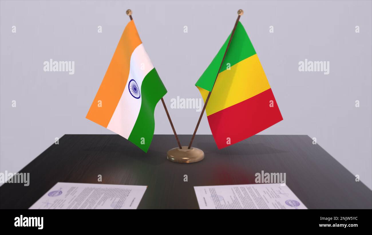 Drapeaux nationaux du Mali et de l'Inde. Accord de partenariat 3D illustration, politique et coopération d'accord d'affaires. Banque D'Images