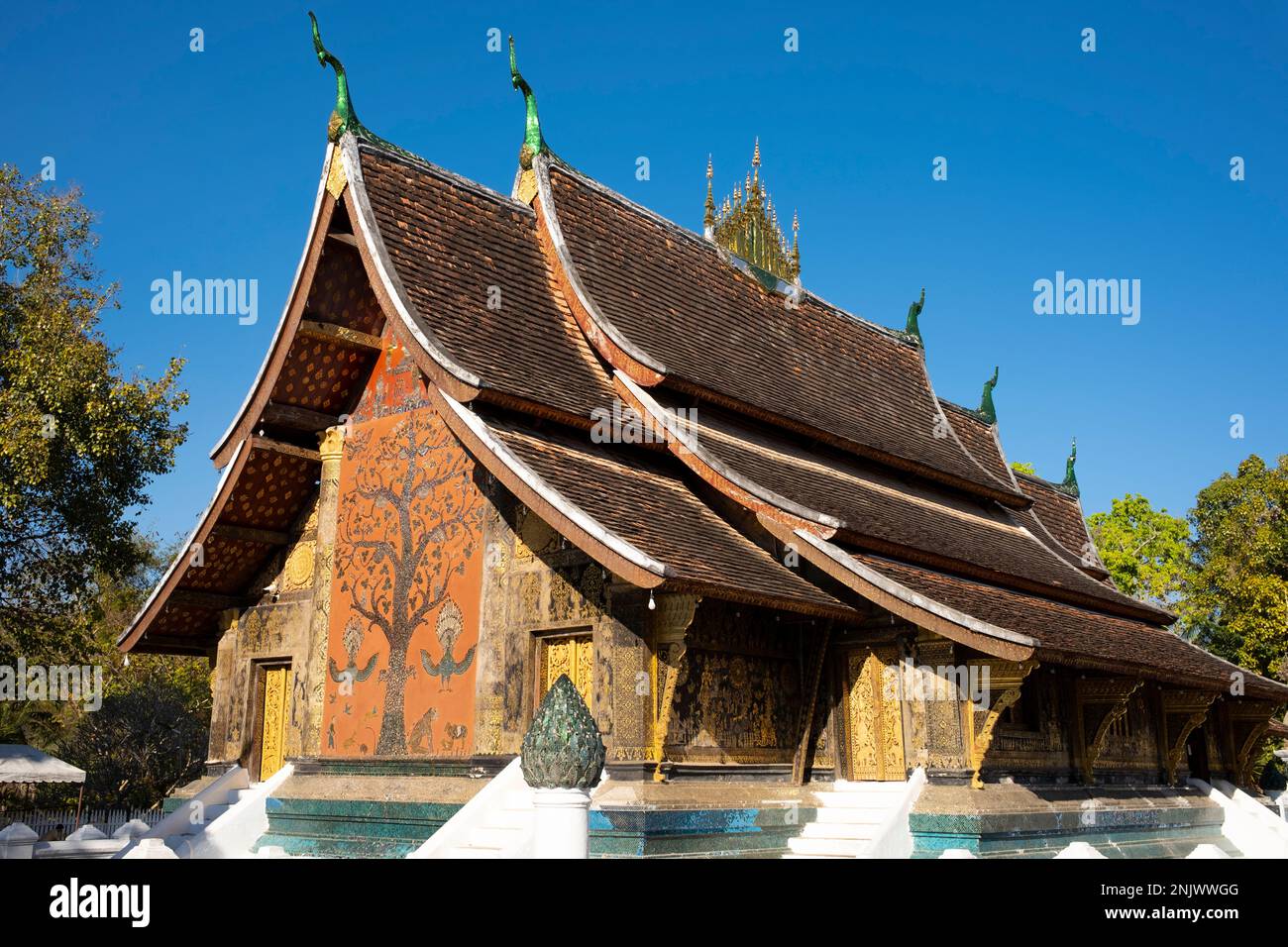 Wat Xieng Thong, avec ses toits surbaissés qui incarnent le style classique de Luang Prabang, a été construit en 1560 par le roi Setthathirat (1548–71) et a été condescendant par la monarchie jusqu'en 1975. Luang Prabang était autrefois la capitale d'un royaume du même nom. Jusqu'à la prise de pouvoir communiste en 1975, c'était la capitale royale et le siège du gouvernement du Royaume du Laos. La ville est aujourd'hui un site classé au patrimoine mondial de l'UNESCO. Banque D'Images