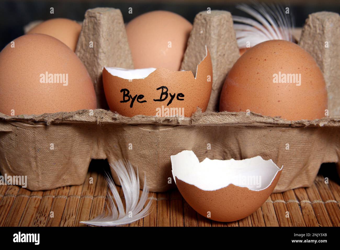 Œuf décapité avec l'inscription « Bye Bye » dans la boîte à œufs Banque D'Images