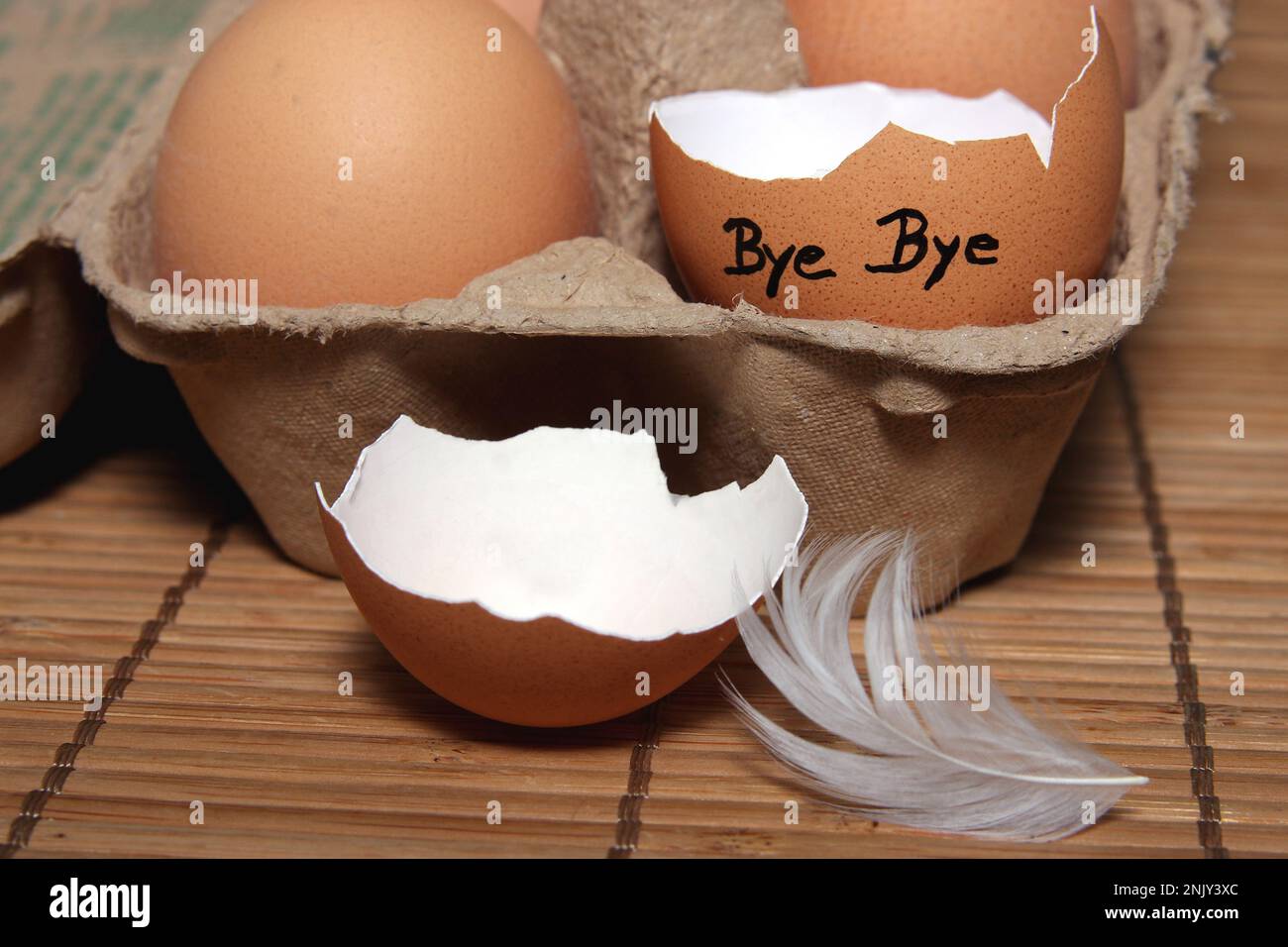 Œuf décapité avec l'inscription « Bye Bye » dans la boîte à œufs Banque D'Images