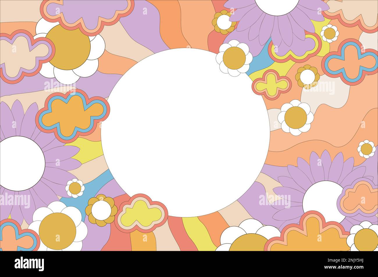 Groovy rétro tourbillon Sunburst avec des rayons ou des rayures et des fleurs et cadre circulaire dans le centre rétro des années 60 70s.. Nuages. Soleil d'été et carnaval Illustration de Vecteur