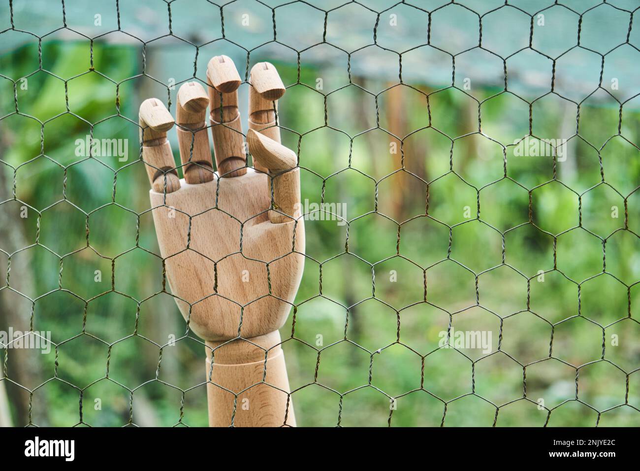 Main en bois avec détails sculptés accrochée sur une clôture en filet de métal contre des plantes vertes Banque D'Images