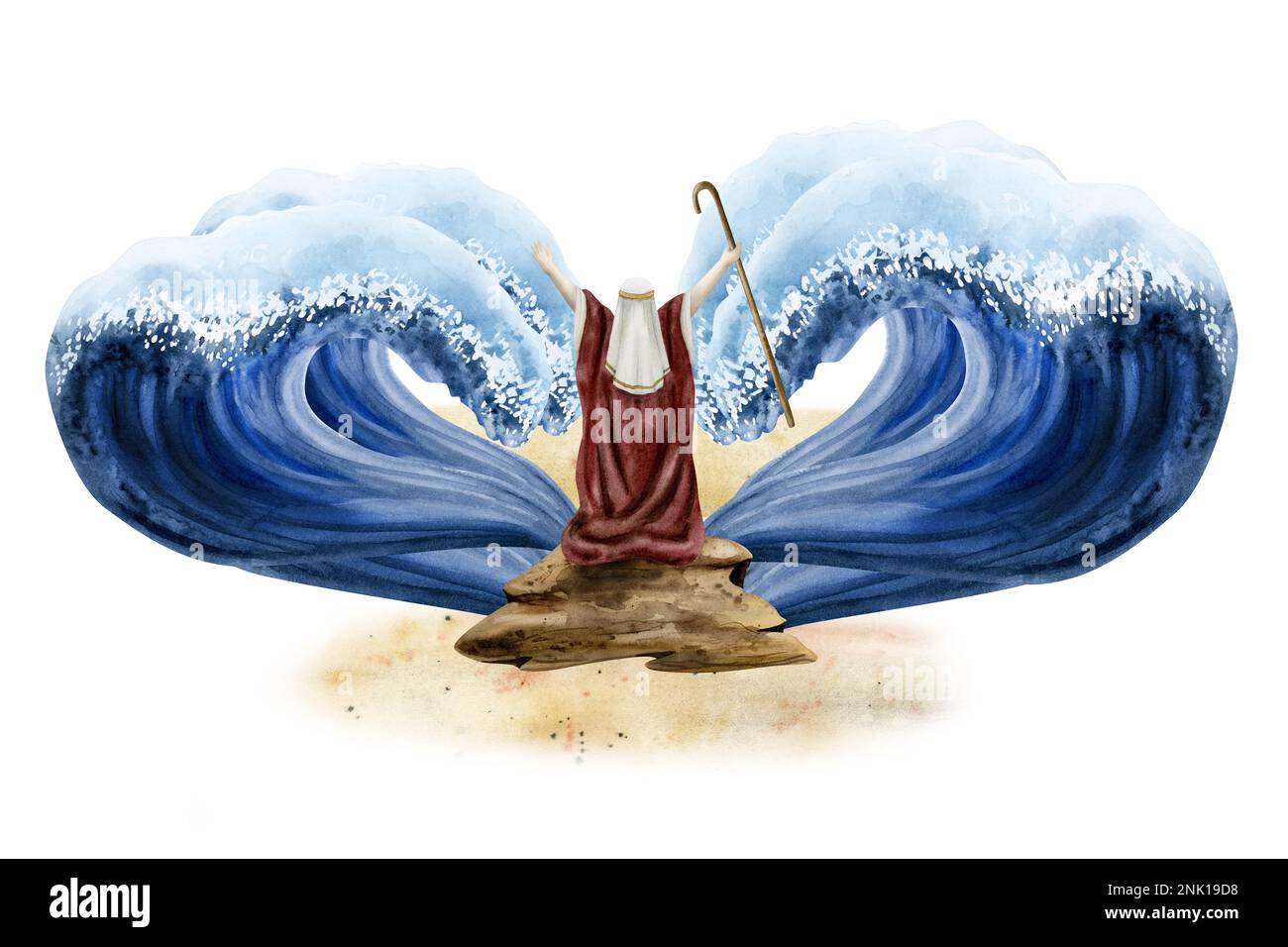 Aquarelle Exode avec Moïse de la Pâque Haggadah, histoire de la Bible sur la séparation de la mer Rouge, illustration de l'histoire juive isolée sur fond blanc Banque D'Images