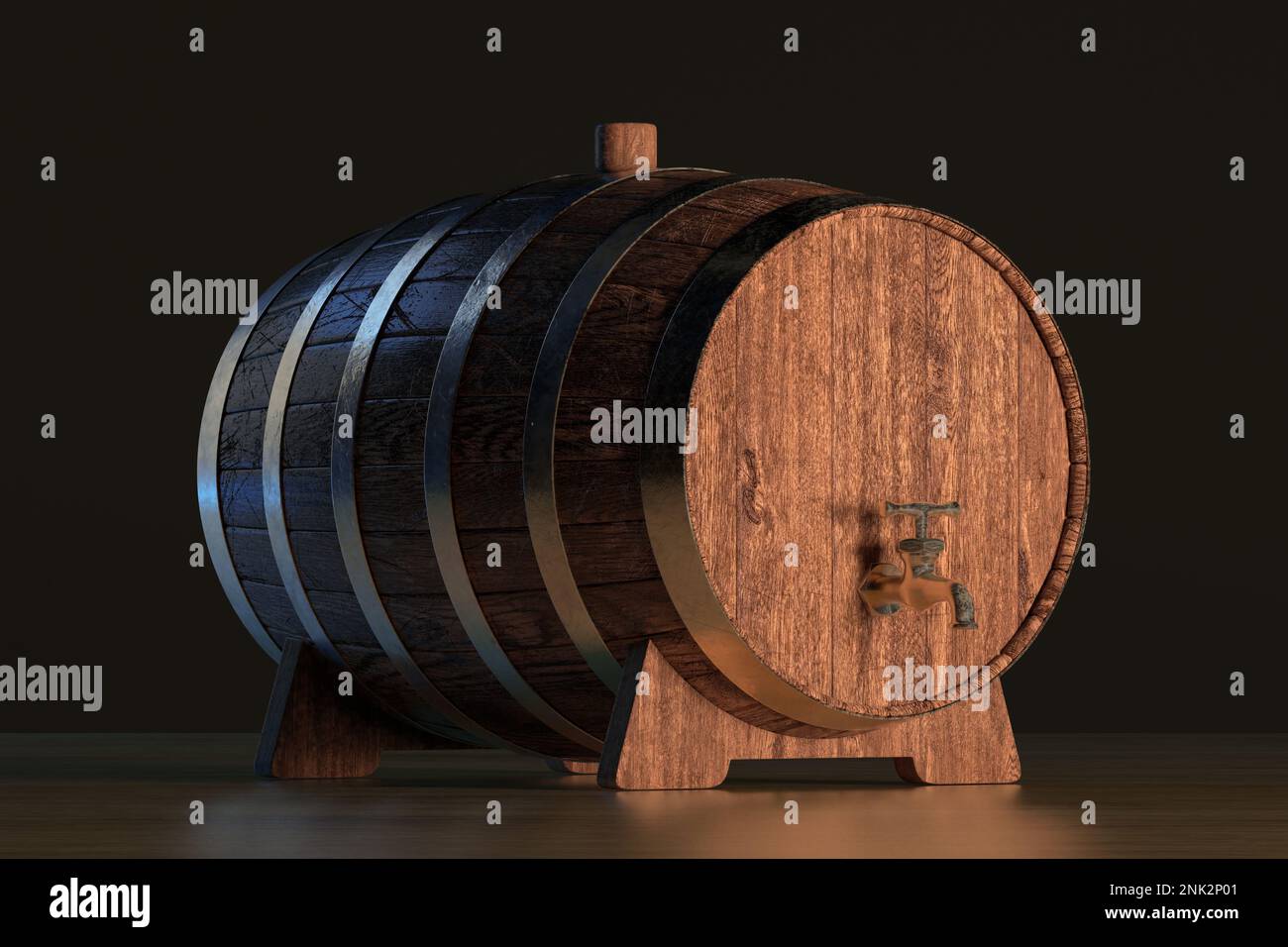 Tonneau en chêne pour le vin, la bière ou le whisky avec bouchon et robinet sur une table en bois. 3D rendu Banque D'Images