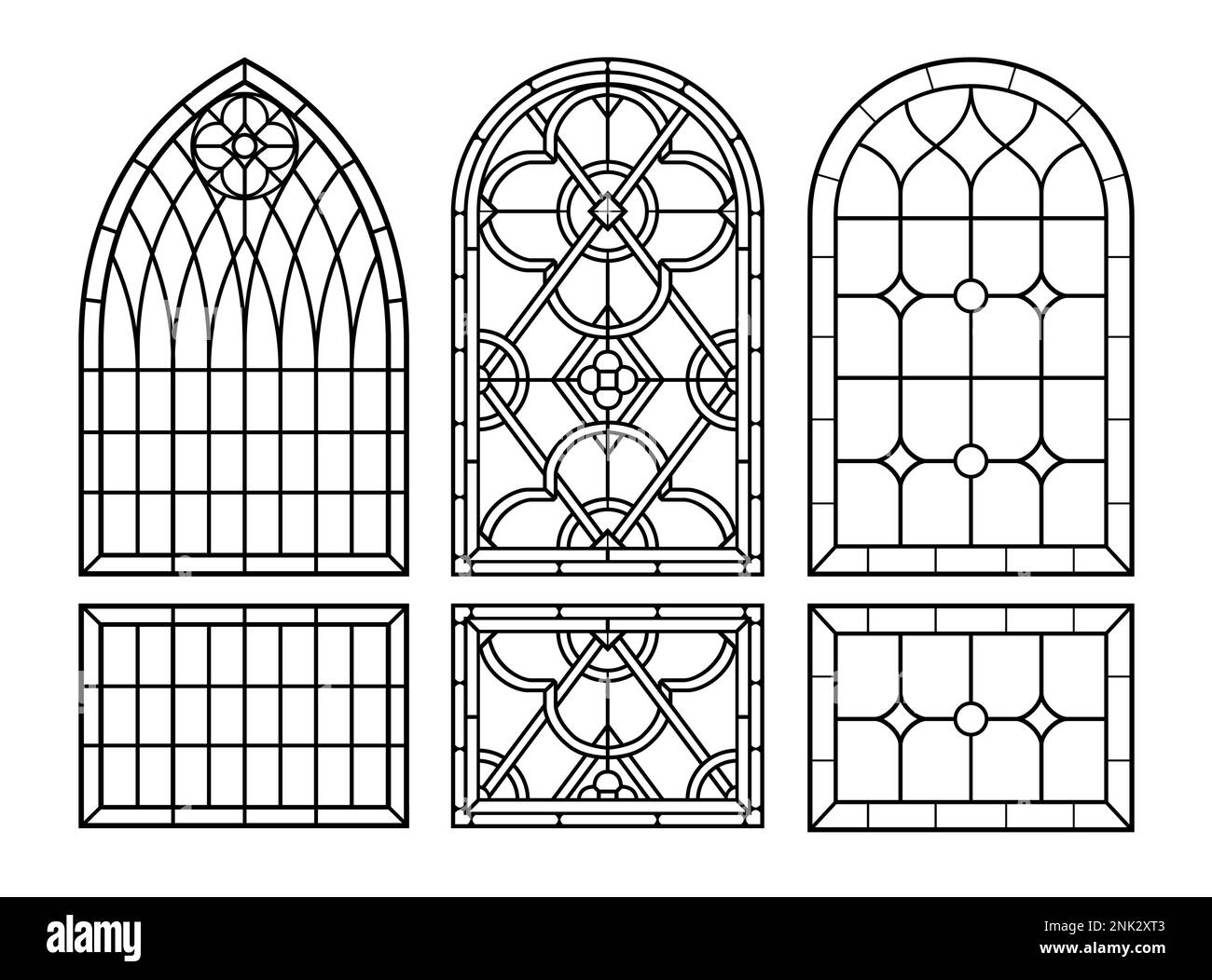 Ancienne fenêtre voûtée d'époque avec vitraux Illustration de Vecteur