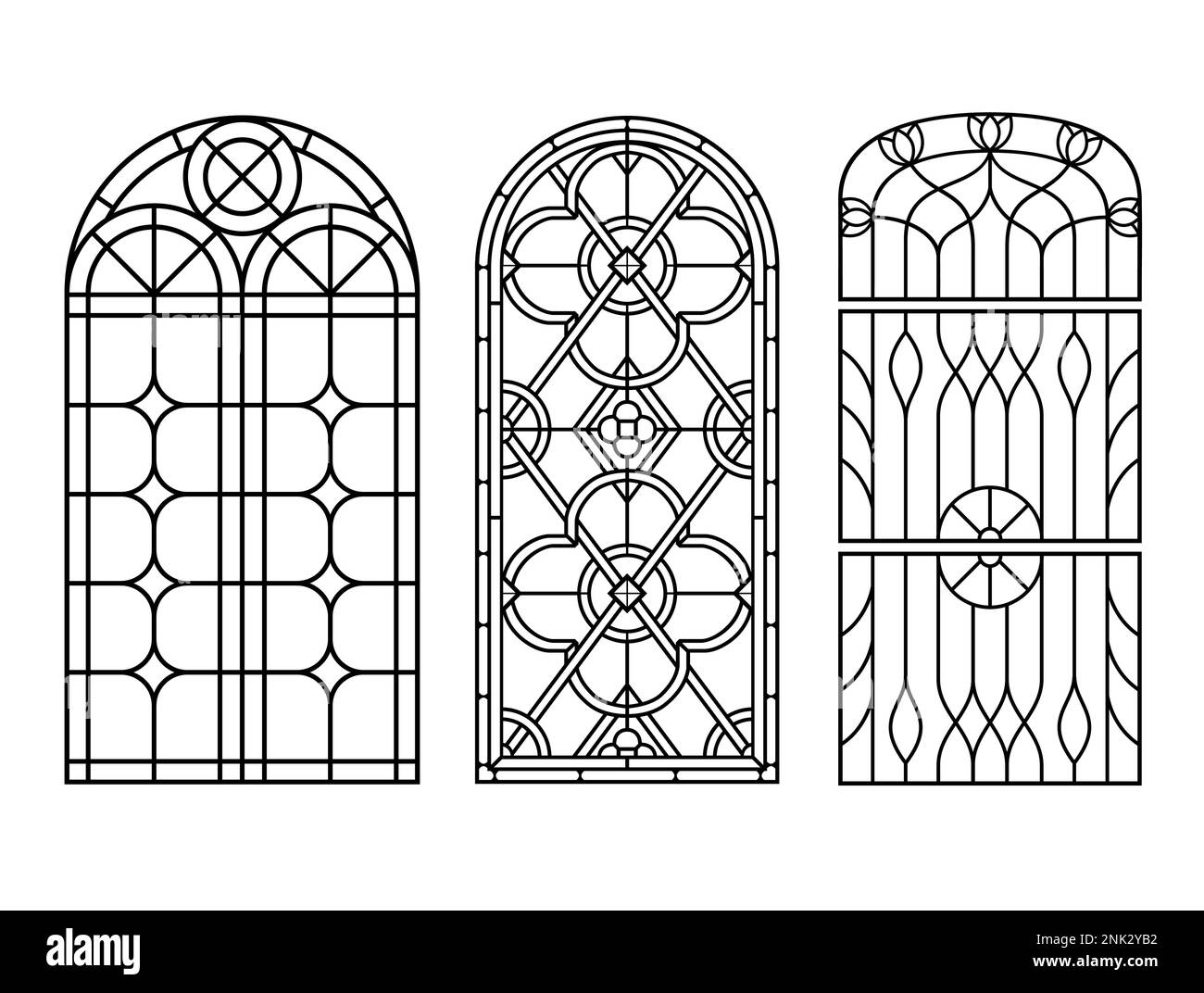 Ancienne fenêtre voûtée d'époque avec vitraux Illustration de Vecteur