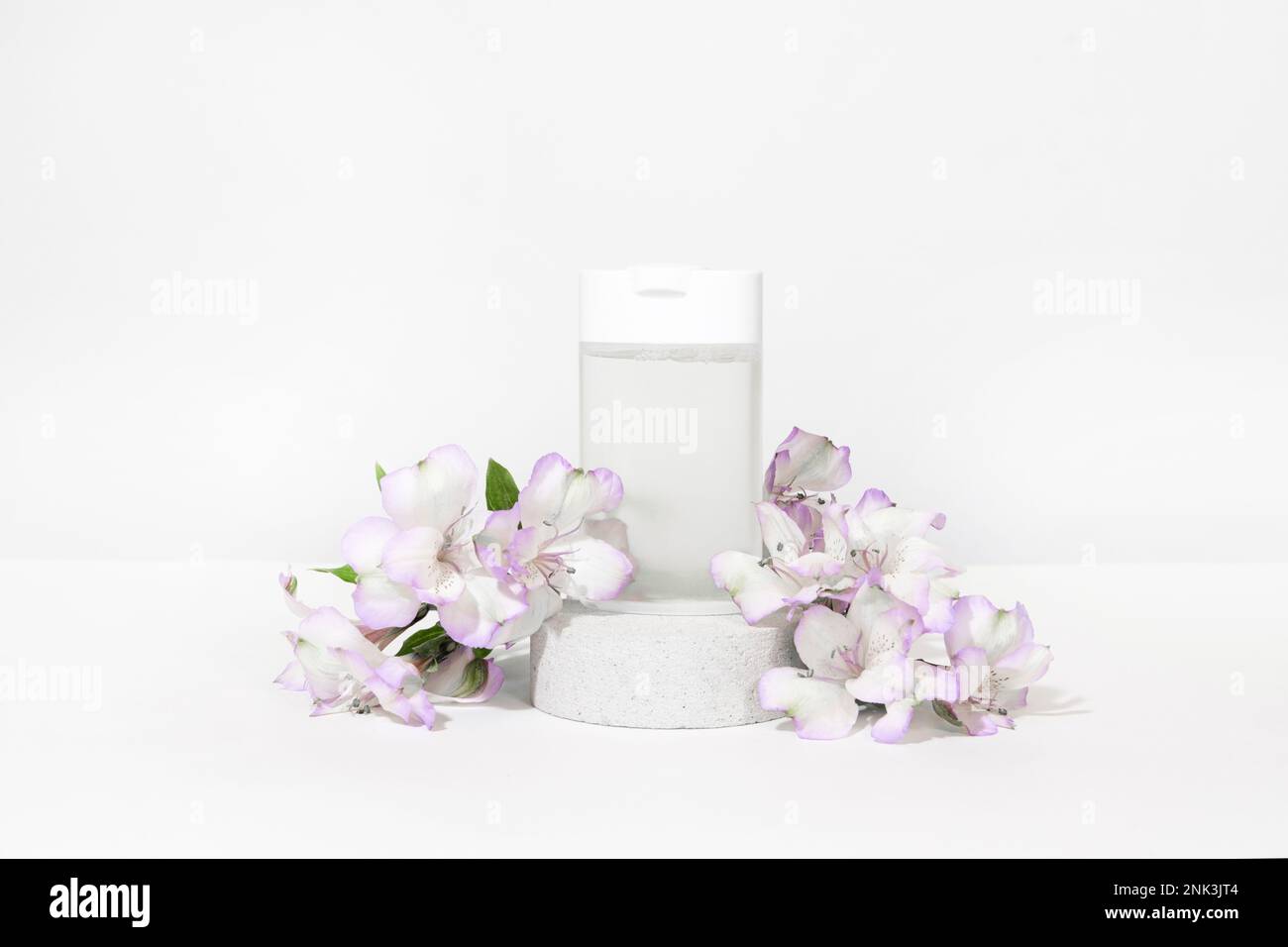 Eau micellaire transparente dans une bouteille en plastique blanc sur un piédestal sur fond gris blanc avec fleur, plante. Nettoyant de maquillage pour la peau du visage. Banque D'Images