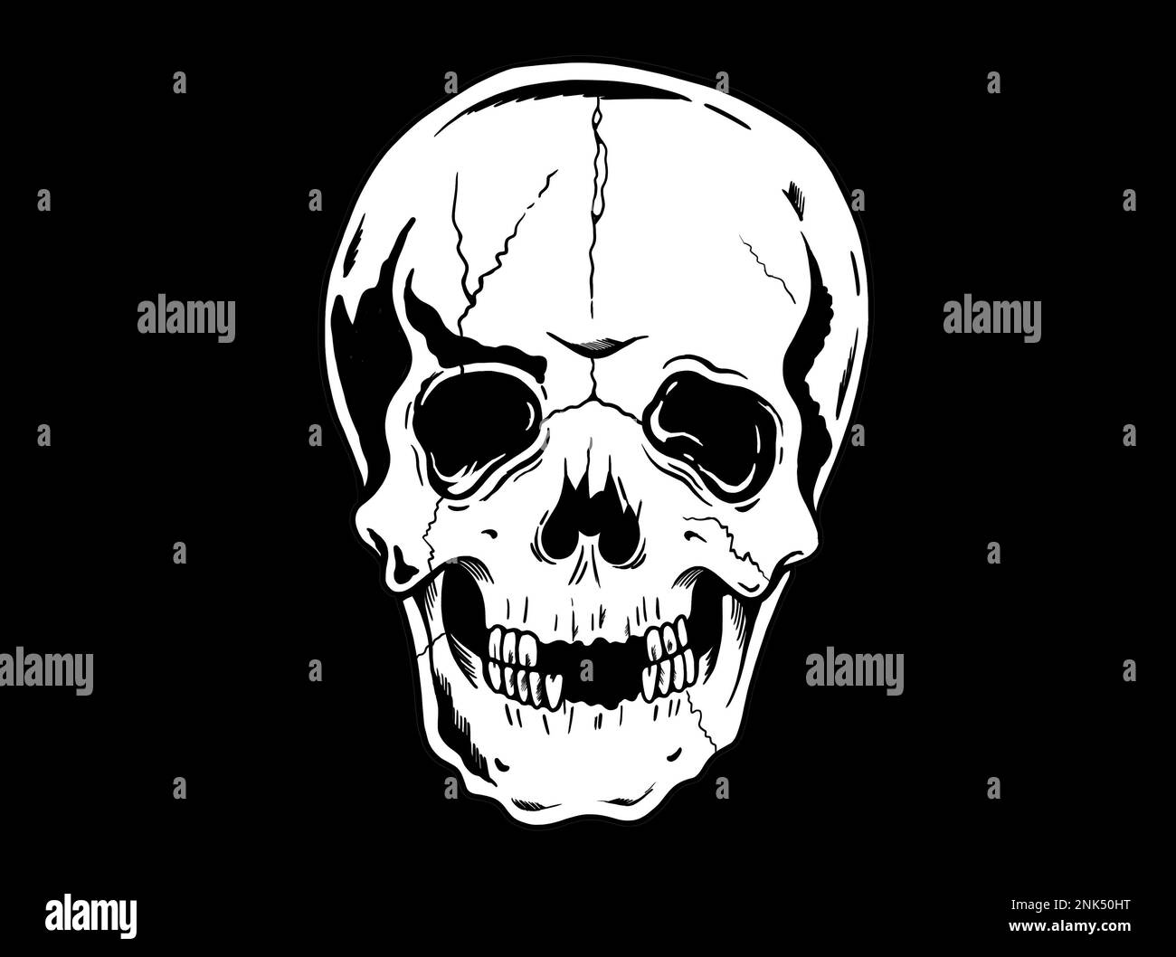 Old School traditionnel tatouage inspiré cool design graphique illustration tête de crâne humain en noir et blanc Banque D'Images