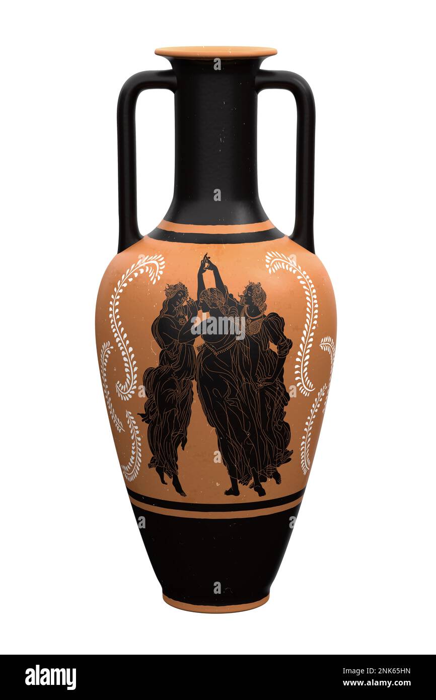 Amphore antique d'argile Renaissance avec un design par Botticelli Primavera. Vase de style grec. 3d rendu Banque D'Images