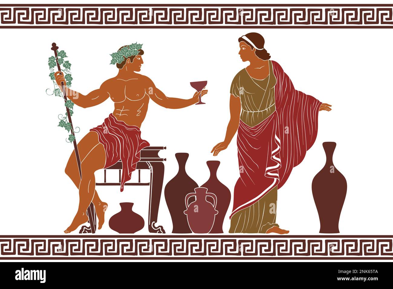 Dessin dans le style grec ancien. Intrigue mythologique, Dionysus le dieu de la vinification tient un verre de vin à Ariadne. Illustration de Vecteur