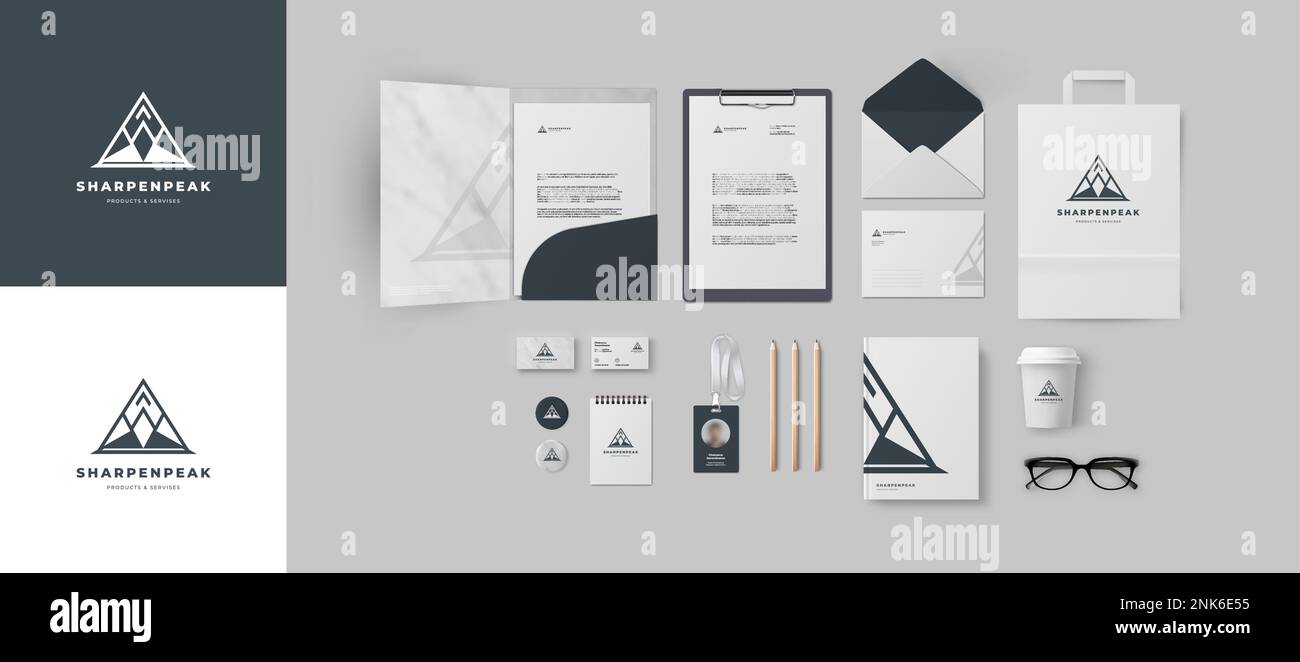 Conception de l'identité de marque de l'entreprise. Logo triangulaire de montagne. Modèle vectoriel de maquette de papeterie pour entreprise industrielle ou technique. Illustration de Vecteur