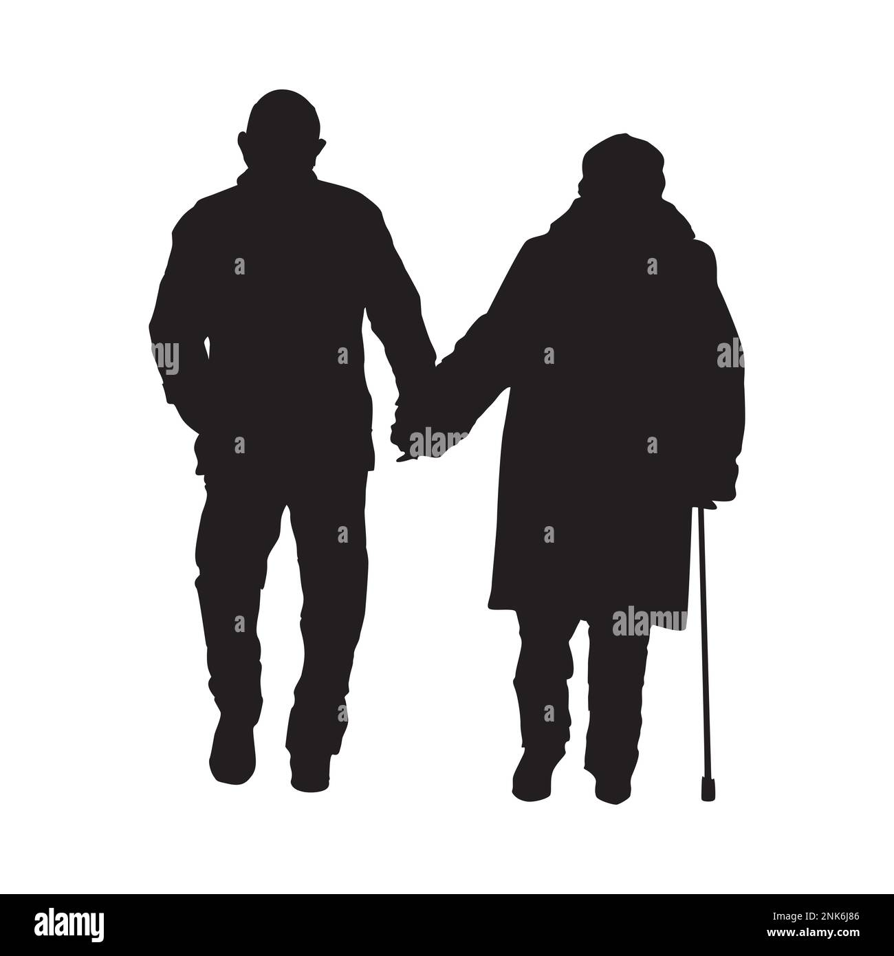 Silhouette de couple senior. Vieux couple tenant les mains marchant dans le parc. Grand-père et grand-mère ensemble. Personnes âgées avec la canne. Paire d'maturité.vecteur Illustration de Vecteur