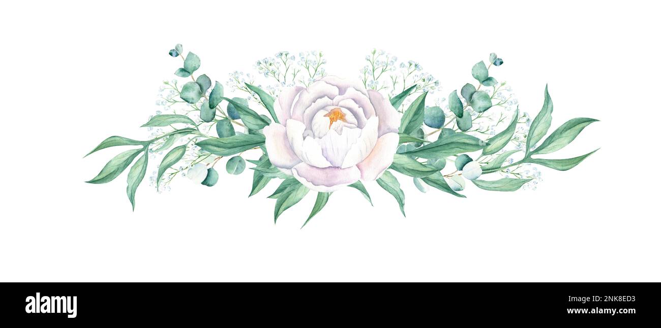 Guirlande de pivoines blanches aquarelles, eucalyptus, gitsophila, isolée sur fond blanc. Illustration botanique dessinée à la main. Peut être utilisé pour le mariage Banque D'Images