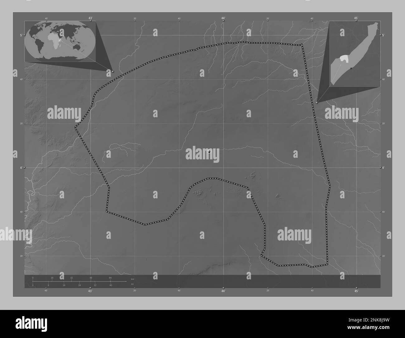 Bakool, région de la Somalie continentale. Carte d'altitude en niveaux de gris avec lacs et rivières. Cartes d'emplacement auxiliaire d'angle Banque D'Images