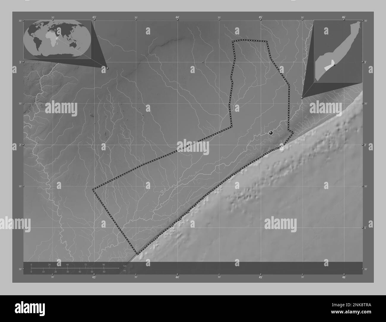 Shabeellaha hoose, région de la Somalie continentale. Carte d'altitude en niveaux de gris avec lacs et rivières. Cartes d'emplacement auxiliaire d'angle Banque D'Images