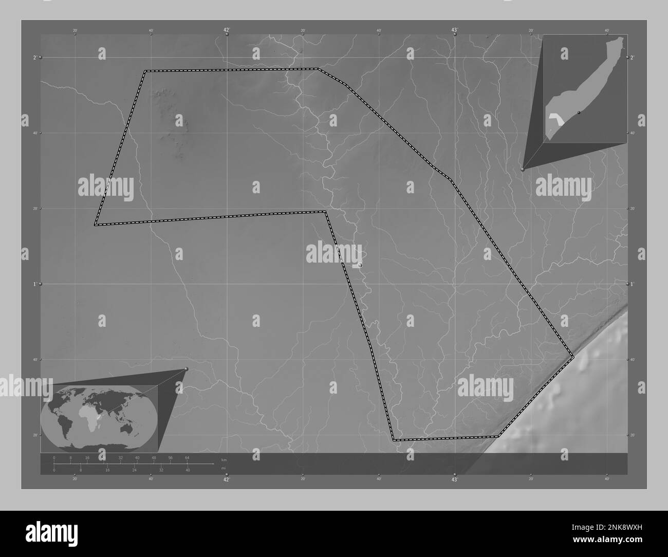 Jubbada Dhexe, région de la Somalie continentale. Carte d'altitude en niveaux de gris avec lacs et rivières. Cartes d'emplacement auxiliaire d'angle Banque D'Images