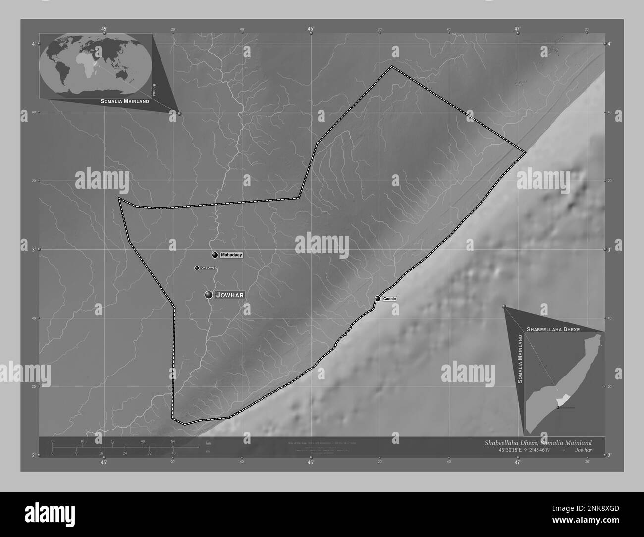 Shabeellaha Dhexe, région de la Somalie continentale. Carte d'altitude en niveaux de gris avec lacs et rivières. Lieux et noms des principales villes de la région. Corne Banque D'Images