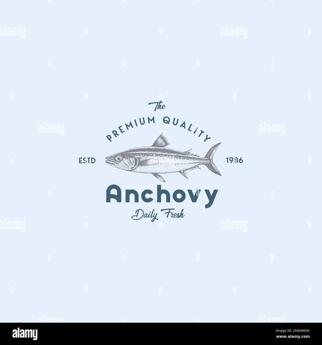 Nouveau modèle de symbole, de symbole ou de logo abstrait local anchois. Poissons anchois dessinés à la main avec Typographie rétro Premium. Concep à motif vectoriel élégant Illustration de Vecteur