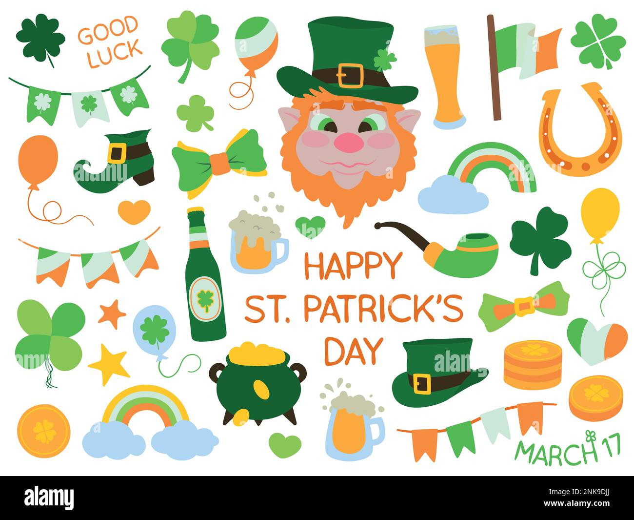 Ensemble d'illustrations vectorielles sur le thème de la fête de Saint Patrick. Coloré, style de dessin animé, éléments dessinés à la main isolés sur un fond blanc. Illustration de Vecteur