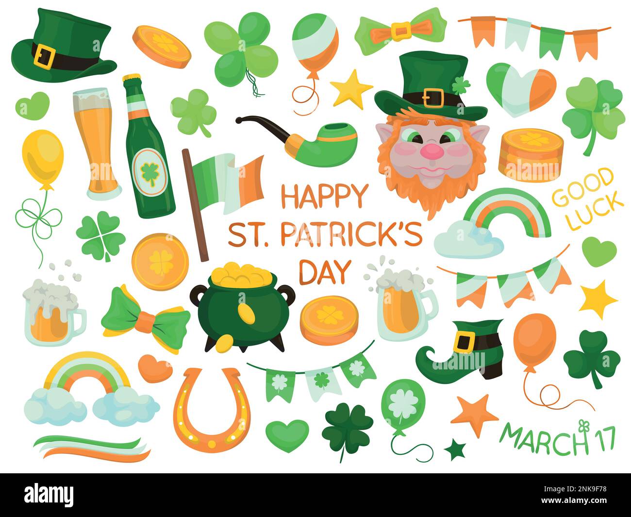 Ensemble d'illustrations vectorielles sur le thème de la fête de Saint Patrick. Coloré, style de dessin animé, éléments dessinés à la main isolés sur un fond blanc. Illustration de Vecteur