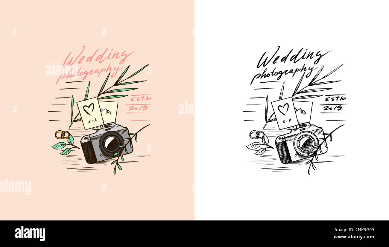 Appareil photo et plantes ou fleurs pour les vacances.Logo ou badge de photographe de mariage.Modèle pour studio, magasin vintage.Esquisse dessinée à la main pour Illustration de Vecteur