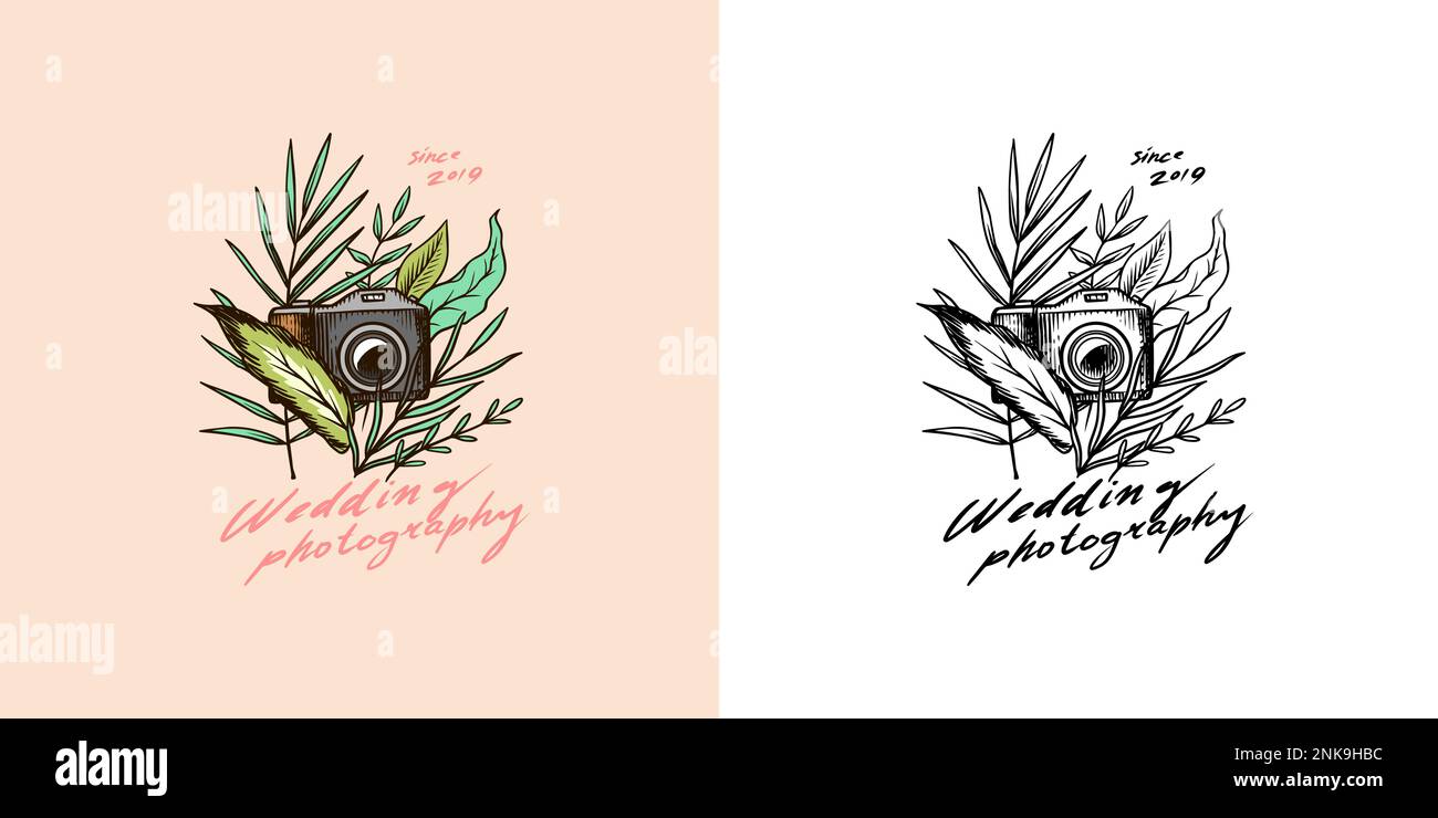 Appareil photo et plantes ou fleurs pour les vacances.Logo ou badge de photographe de mariage.Modèle pour studio, magasin vintage.Esquisse dessinée à la main pour Illustration de Vecteur