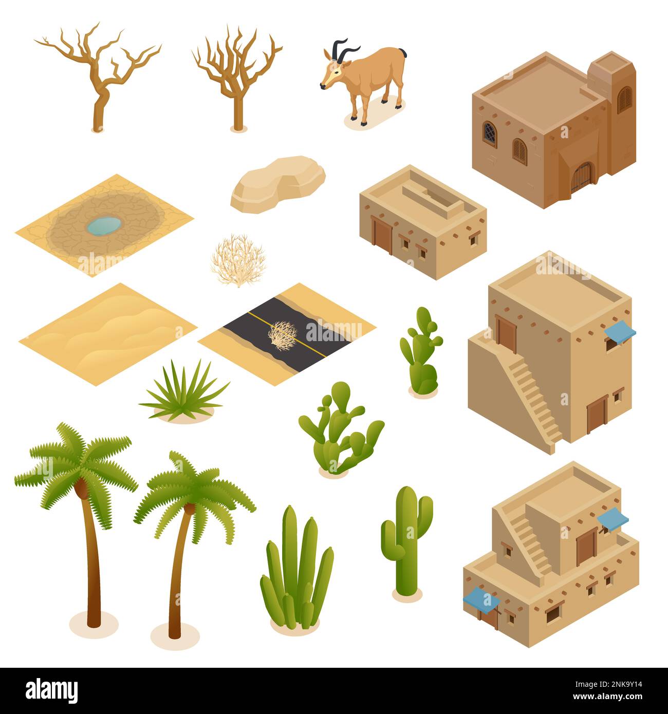 Paysage désertique ensemble isométrique de brique de boue bâtiments plantes animaux habitudes adaptées pour le climat chaud aride illustration de vecteur isolé Illustration de Vecteur