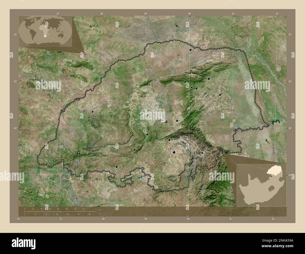 Limpopo, province d'Afrique du Sud. Carte satellite haute résolution. Lieux des principales villes de la région. Cartes d'emplacement auxiliaire d'angle Banque D'Images