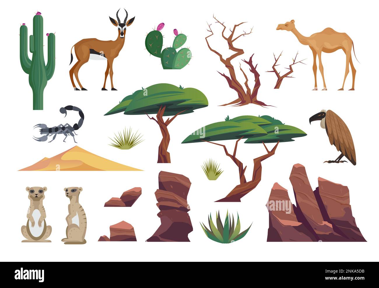 Ensemble d'animaux désertiques avec des icônes isolées des sables cactus buissons arbres animaux sauvages oiseau et illustration du vecteur scorpion Illustration de Vecteur