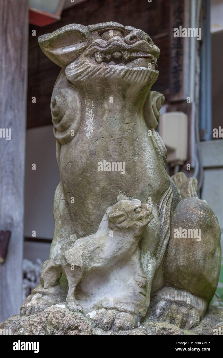 Komainu, ou lion-dog avec cub, statue à Asanogawa inari jinja, Kanazawa, Japon. Banque D'Images