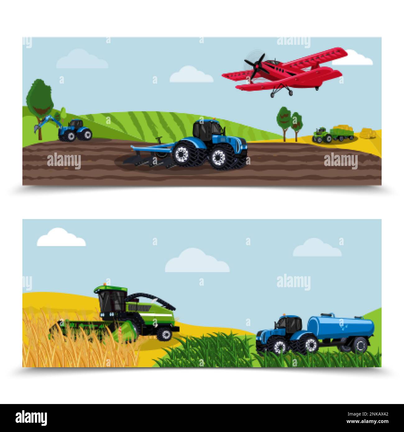 Les machines agricoles transportent un jeu plat de deux compositions horizontales avec des vues de paysages extérieurs de l'illustration vectorielle des travaux de terrain Illustration de Vecteur