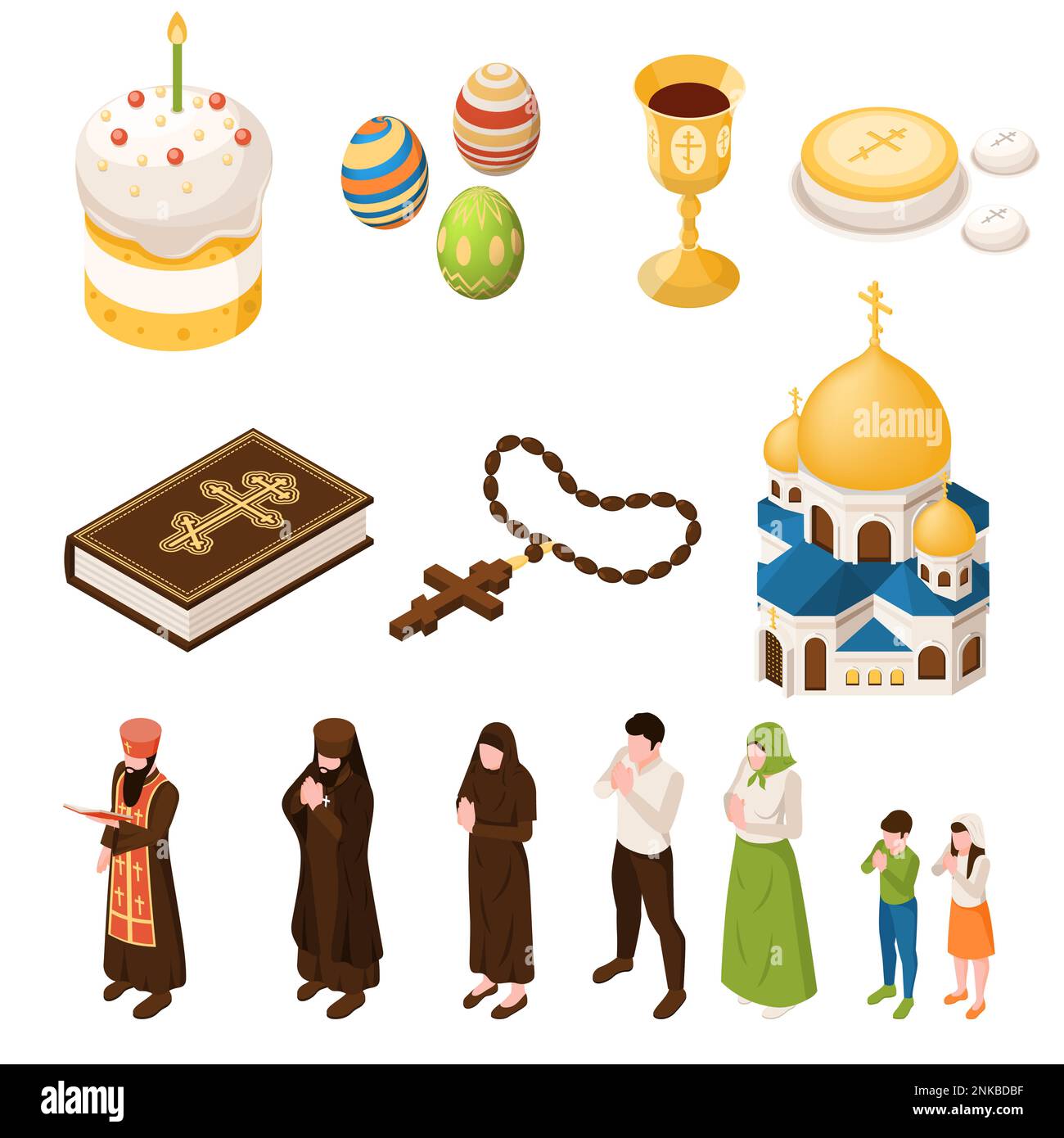 Ensemble isométrique chrétien orthodoxe avec symboles de religion et d'église illustration vectorielle isolée Illustration de Vecteur