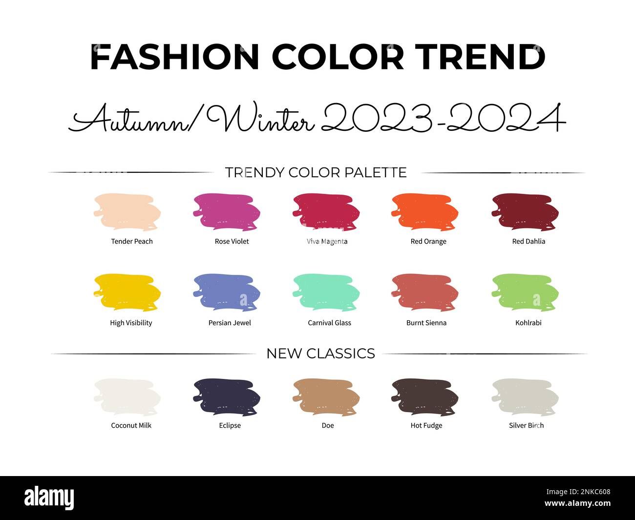 Mode couleur tendance automne - hiver 2023 - 2024. Guide de palette de couleurs  tendance. Nuances de tissu avec noms de couleur. Modèle vectoriel facile à  modifier pour votre Image Vectorielle Stock - Alamy