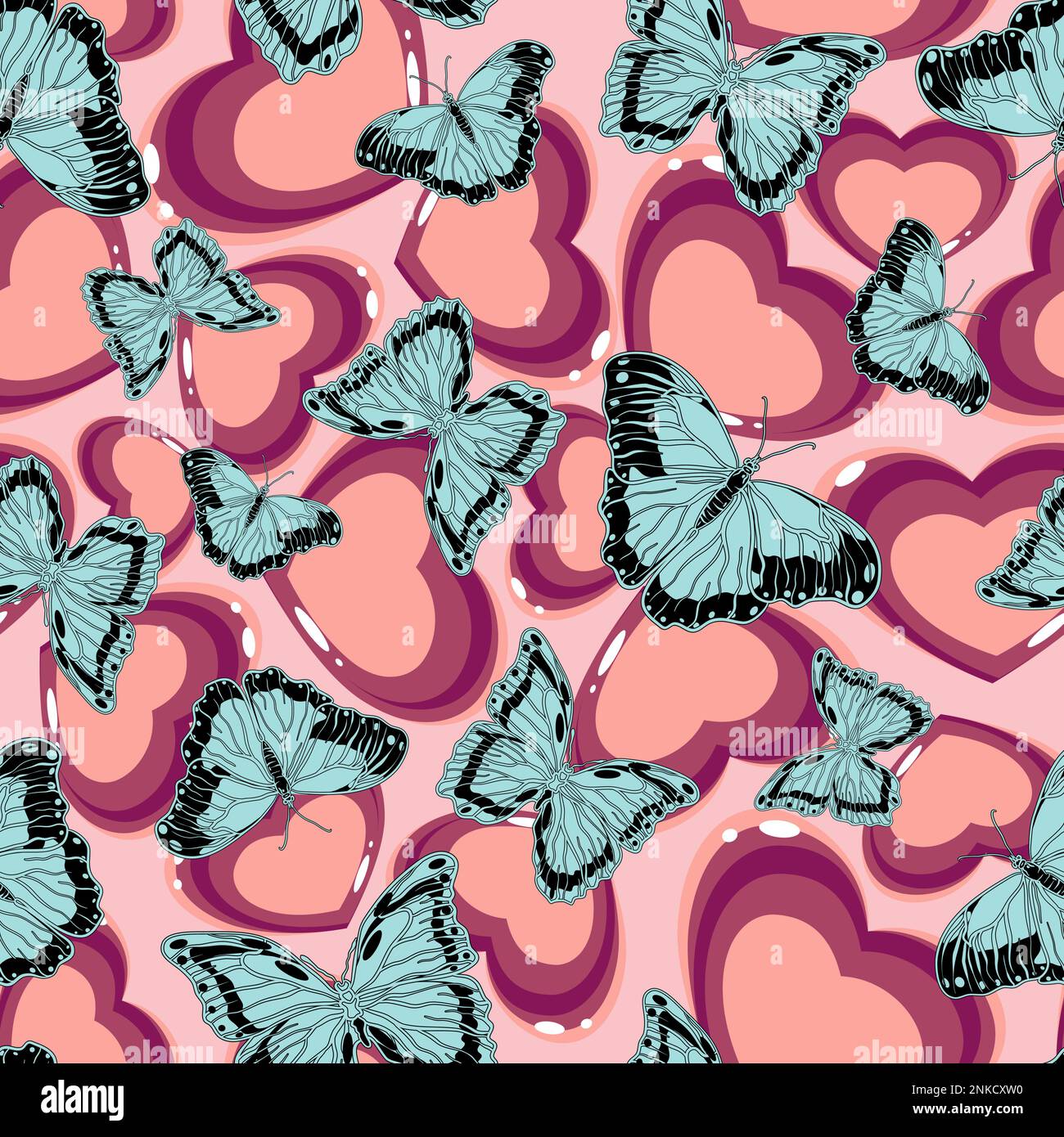 Motif animé sans couture avec motif vectoriel de papillons et de coeurs Illustration de Vecteur