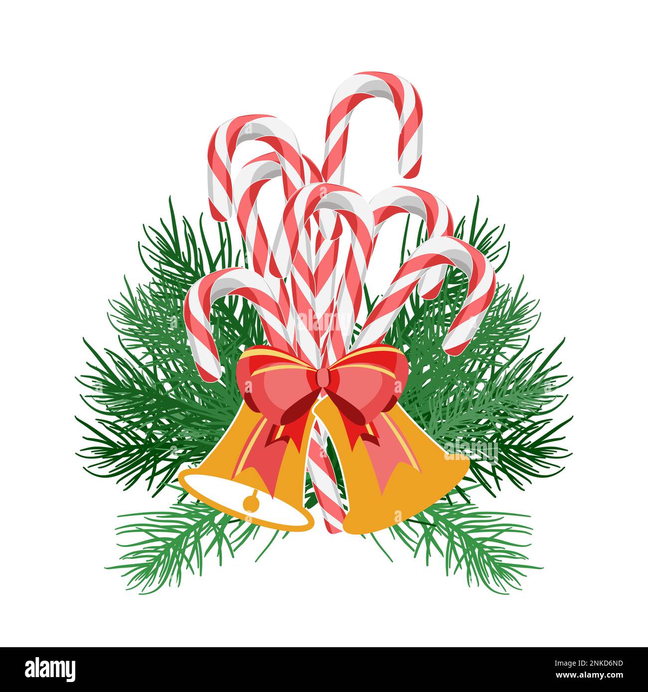 Décoration de Noël avec des cannes de bonbons, des branches d'arbre de Noël et des cloches avec illustration vectorielle d'arc Illustration de Vecteur