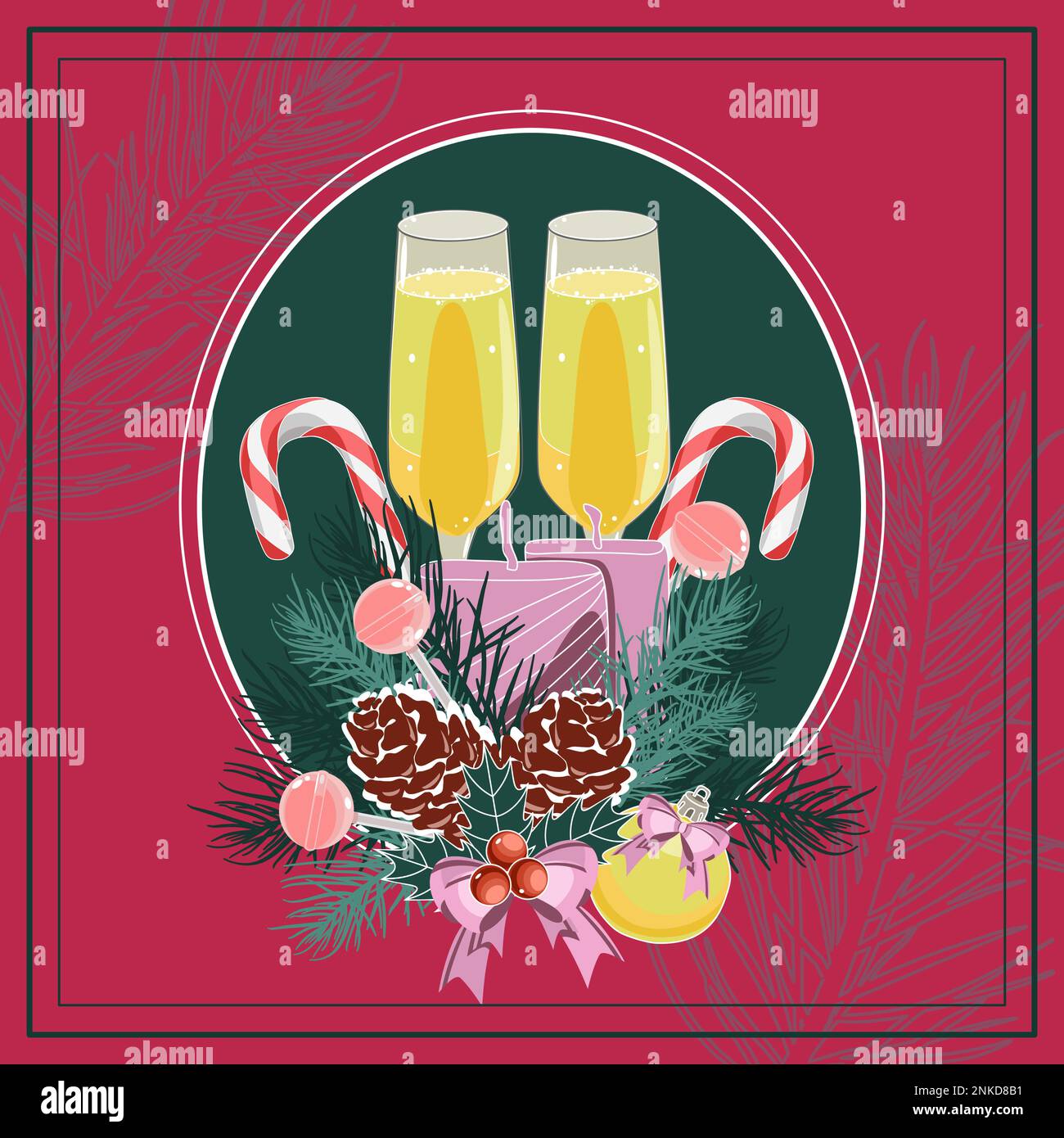 Carte décorative de Noël avec champagne, pommes de pin et branches, Cannes de Noël et illustration vectorielle de bougies Illustration de Vecteur