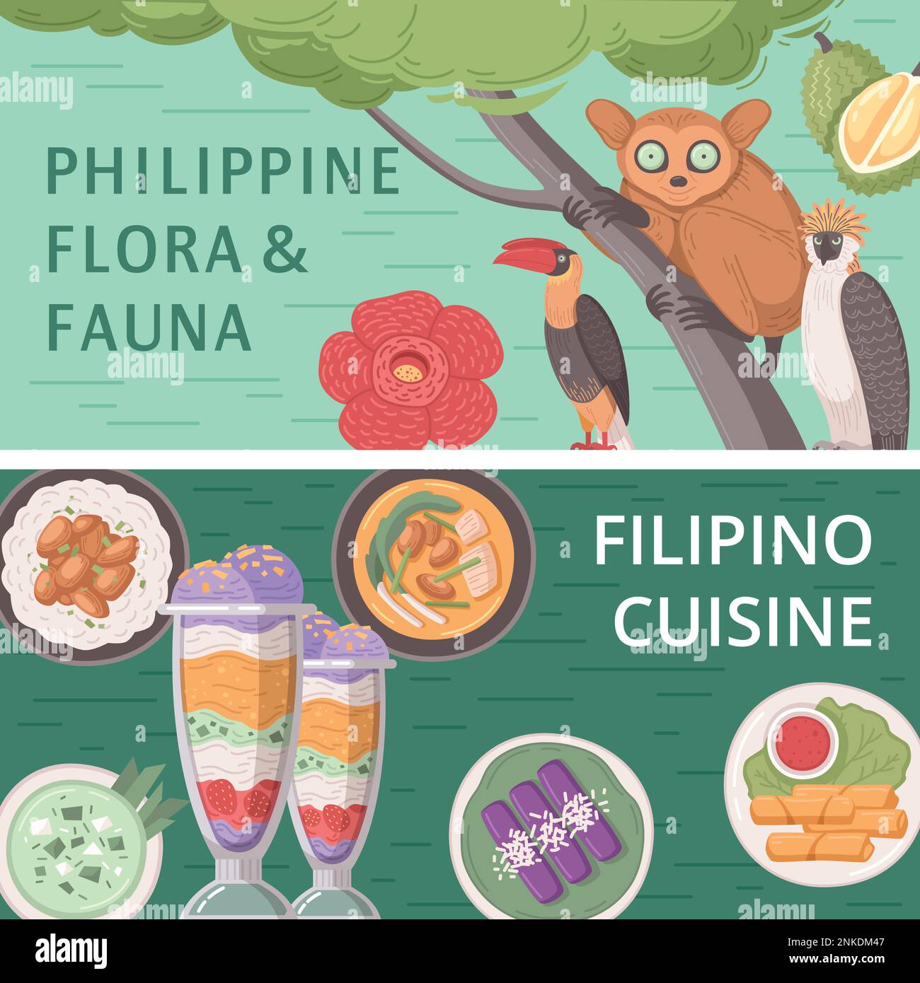 Ensemble de banderoles de voyage aux Philippines avec une cuisine traditionnelle et des attractions naturelles illustration vectorielle isolée Illustration de Vecteur