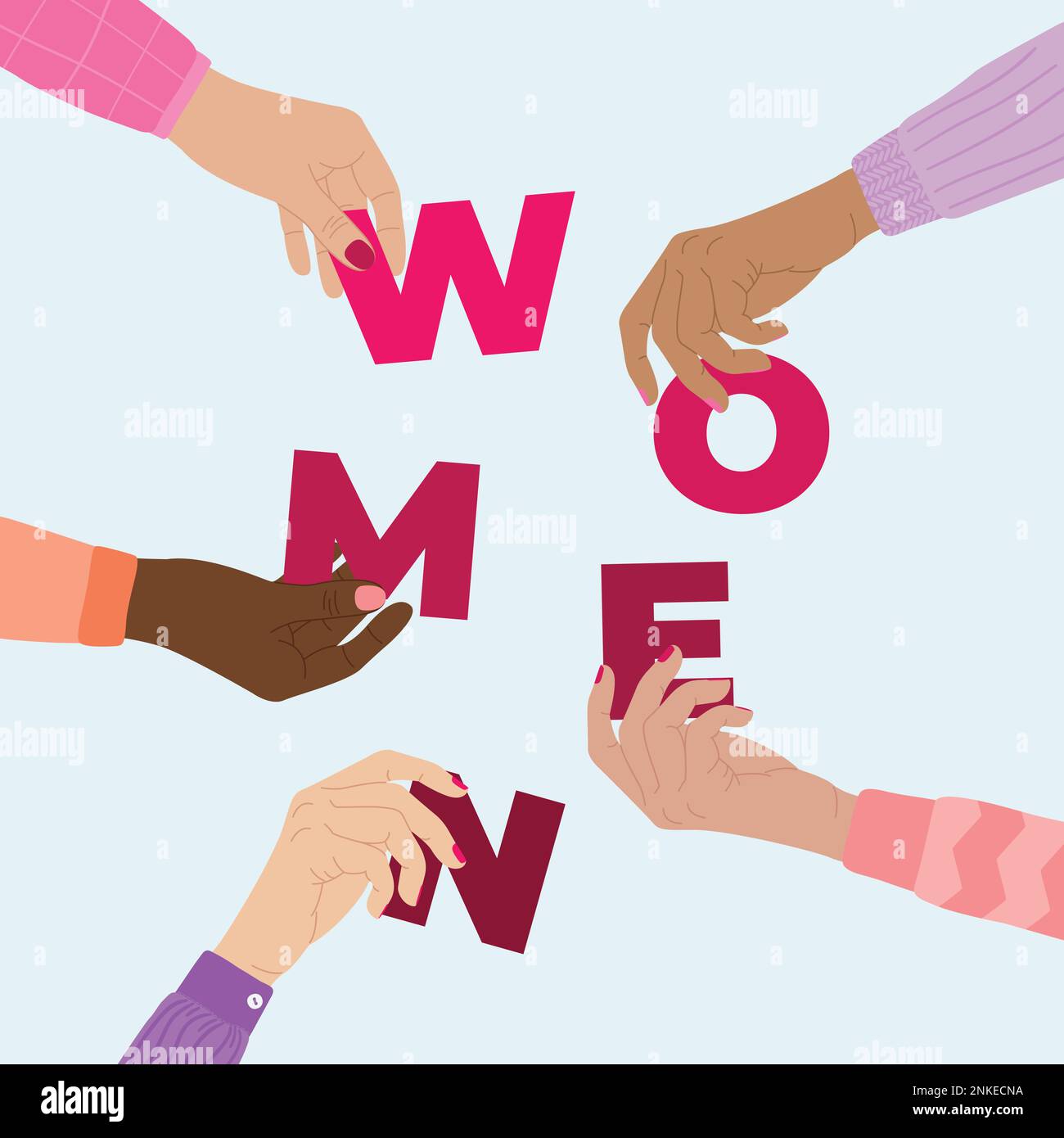 Affiche horizontale de puissance pour fille. Les mains des femmes tiennent la femme du monde. Autonomisation des femmes, pouvoir des filles, lutte pour l'égalité des sexes, féminisme et concept de la fraternité Illustration de Vecteur