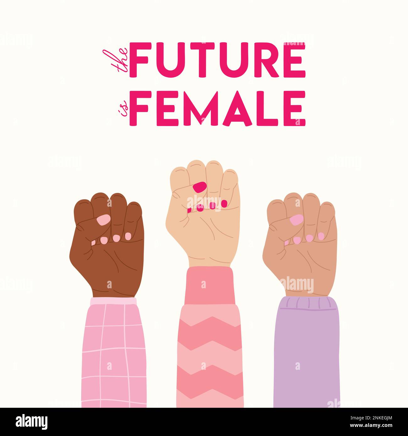L'avenir est une affiche féminine avec des poings élevés divers. Autonomisation des femmes, pouvoir des filles, lutte pour l'égalité des sexes, féminisme et concept de la fraternité. Main Illustration de Vecteur