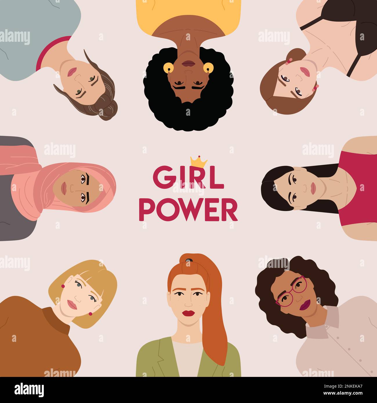 Un groupe de personnages féminins différents se dressent ensemble. Journée internationale de la femme, 8 mars. Autonomisation des femmes, pouvoir des filles, féminisme et concept de la fraternité. Illustration de Vecteur