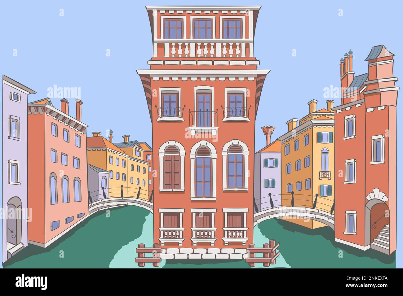 Dessin de vieilles maisons traditionnelles multicolores et de ponts au-dessus du canal. Italie. Illustration vectorielle. Illustration de Vecteur