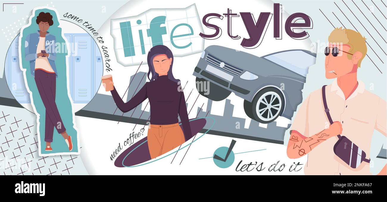 Personnes style de vie collage avec voiture hommes et femme surfant net boire du café plat illustration vectorielle Illustration de Vecteur