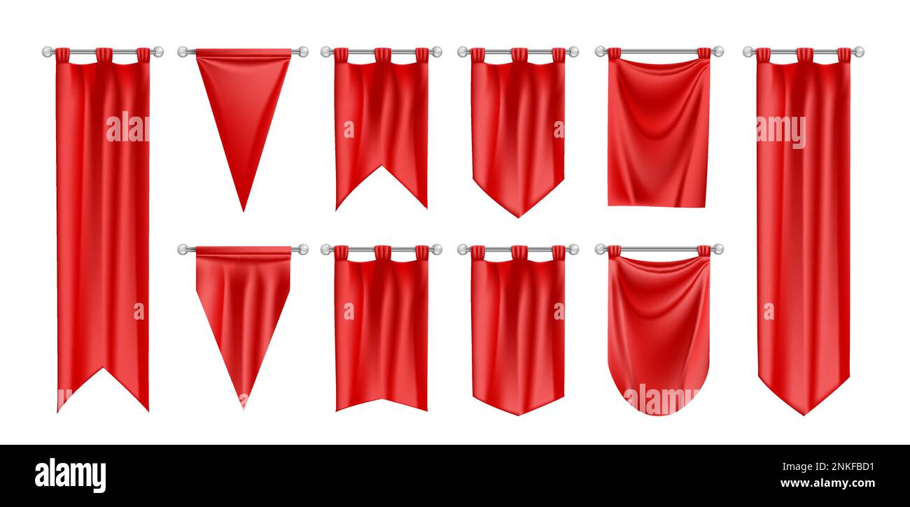 Maquette de fanions de drapeau réaliste avec images isolées de fanions rouges suspendus de formes de bordure différentes Illustration de Vecteur