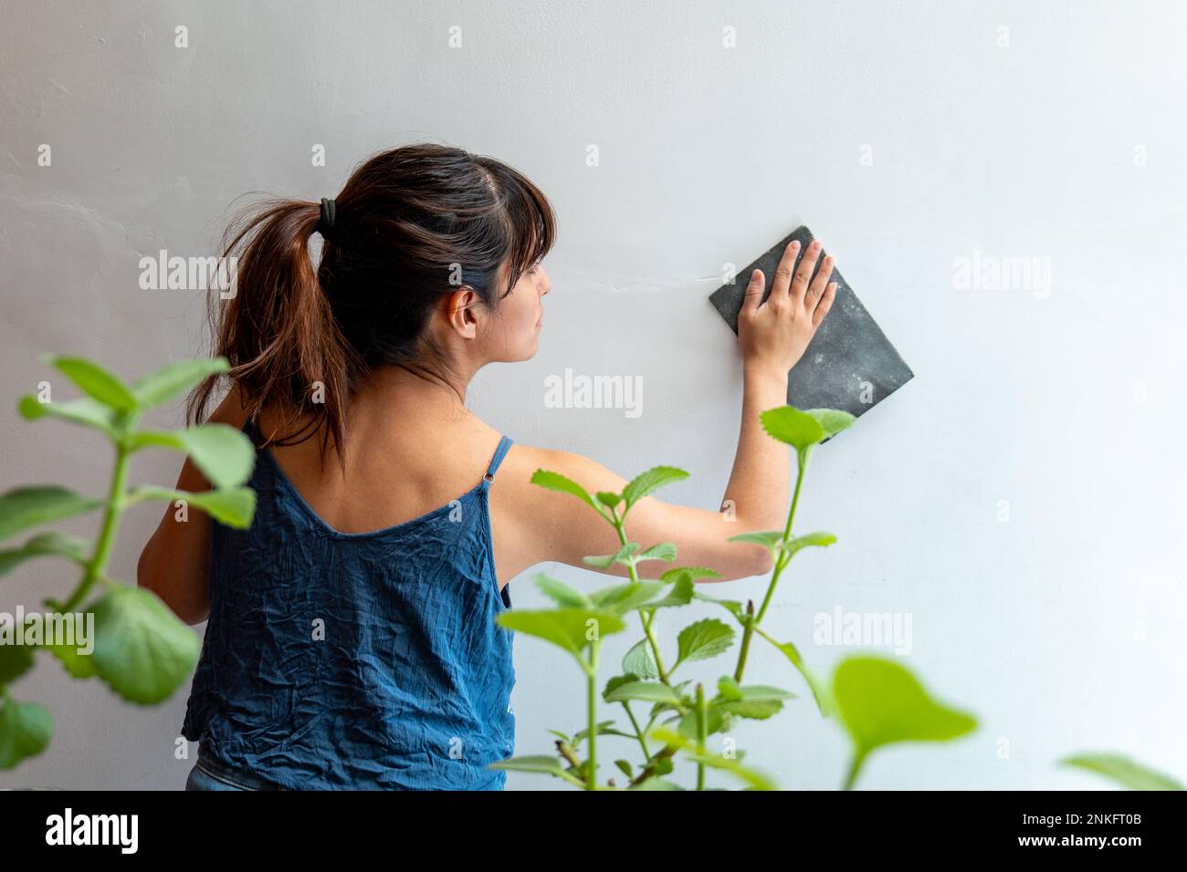 Femme répare le mur blanc en utilisant du papier de verre près des plantes Banque D'Images