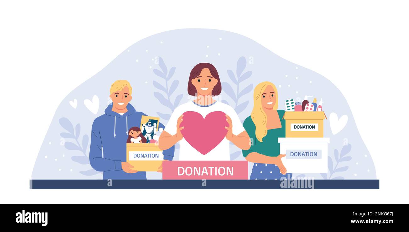 Concept plat de charité avec des bénévoles souriants tenant des boîtes de dons et une illustration de vecteur de gros coeur Illustration de Vecteur