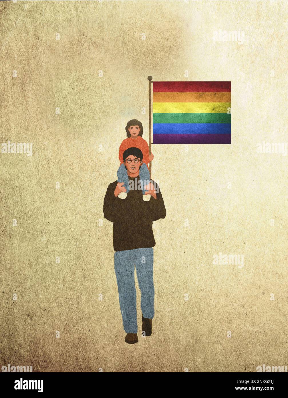 Illustration d'une fille porcgyendant père portant un drapeau arc-en-ciel Banque D'Images