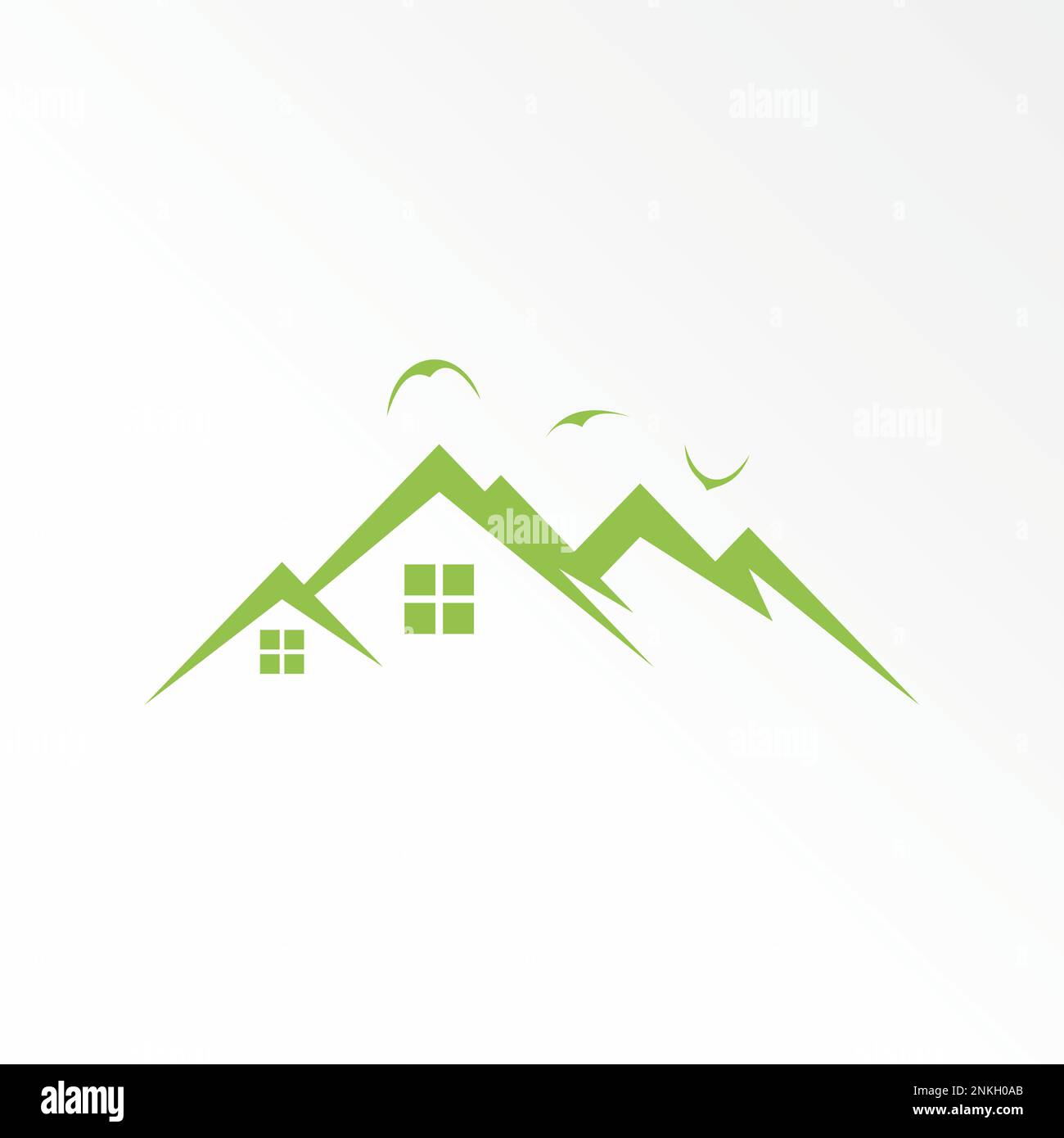 Oiseaux, maison de toit et fenêtres comme image de montagne graphique icône logo design abstrait concept vecteur stock. symbole lié à la propriété et à l'aventure. Illustration de Vecteur