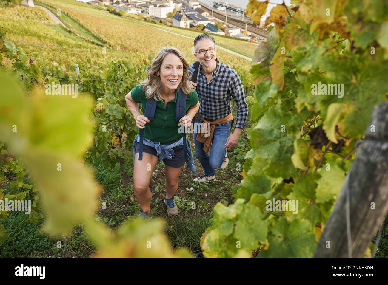 Des randonneurs matures marchant dans un vignoble sur une colline Banque D'Images